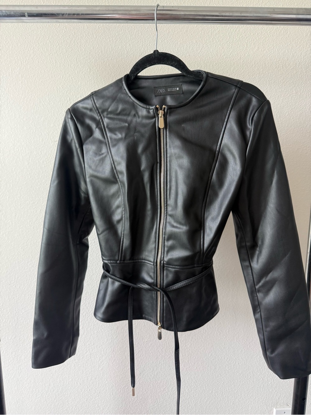 Zara Black Faux Leather Zip Jacket with Waist Tie